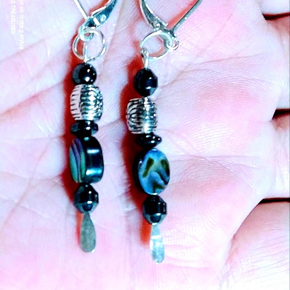 STERLING/ABALONE'/ HEMATITE OCTAGON SPHERES & RONDELLS. BARREL. Hypoallergenic